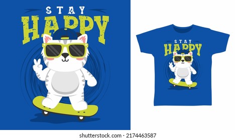 Yellow cat with skateboard cartoon tshirt art designs