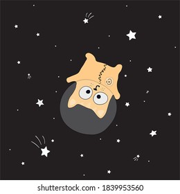 Gelbe Katze. Steht auf. auf dem Hintergrund des Sternenhimmels.