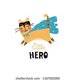 Yellow Cat Superhero with mask and raincoat. Illustration for kids in cartoon style in a vector.