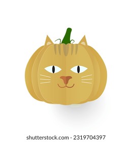 Ilustración vectorial del gato amarillo. Elementos de calabaza para la cara del gato cortado de papel para halloween. Feliz Halloween