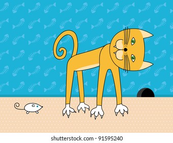 A  yellow cat is waiting in front of a mouse hole and the mouse is standing behind the cat/cat and mouse/waiting