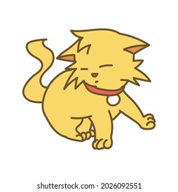 
A yellow cat who is closing his eyes with a necklace around his neck