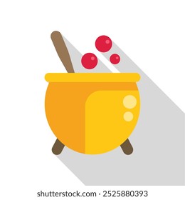 Yellow cauldron with a wooden spoon is brewing a magic potion with red bubbles, in flat design with long shadow