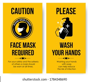 Yellow Caution Card. Face mask required. Please Wash your hands.