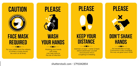 Yellow Caution Cards. Face Mask Required. Please Wash Your Hands. Keep Your Distance.