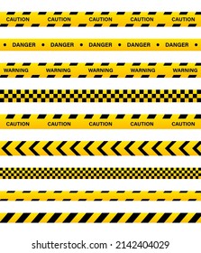 Yellow Caution And Danger Ribbons And Line Tapes With Black Stripes For Police, Safety On Construction, Barrier. Vector. Attention, Crime Zone Signs, Banner. Security Border And Area.