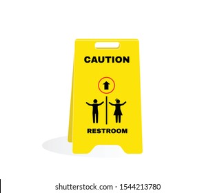 Yellow caution plastic plate with message RESTROOM. Accident Prevention signs, beware and careful Sign, warning symbol, vector illustration.