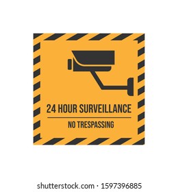 Yellow Caution Plate For Safety 24 hours video Surveillance No Trespassing Text With CCTV Sign Isolated on White Background 