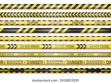 Yellow caution ribbon, do not cross, warning and danger. Vector isolated realistic tape of police, prohibition to trespass, barrier for pedestrians. Crime scene investigation, forbidden access