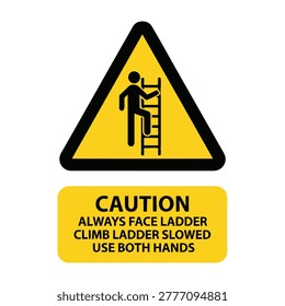 Yellow caution sign with black border and text. Person climbing ladder. Safety instructions.