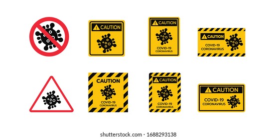 Yellow Caution Sign of COVID-19 Set. Warning or Stop Coronavirus Outbreak To Awareness of Stay Home, Lock Down, Infection Virus Disease, Risk Area Zone. Simple Virus Cell and Euro Balck Caution Tape.