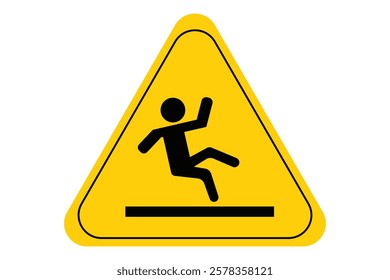 Yellow caution sign, slippery surface warning, stick figure falling, triangular shape, black silhouette, red bold text, safety symbol, hazard alert.