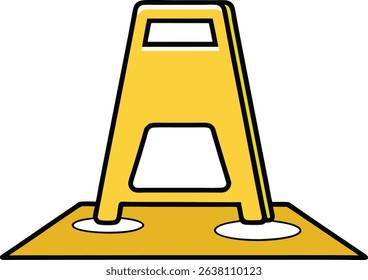 Yellow caution sign vector icon on flat surface, ideal for cleaning, safety, warning, hazard, or wet floor alert illustrations in maintenance and workplace safety design themes.