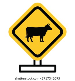 Señal de precaución amarilla advierte sobre animales de granja y posible peligro para el ganado