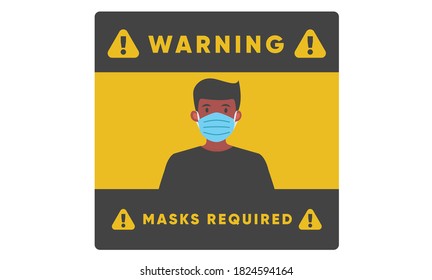 Signo de precaución amarillo. signo de advertencia, sin máscara, sin entrada, por favor use máscara, Enfermedad de Coronavirus 2019. Distancia social. Prevención Covid-19. Ilustración de vectores de símbolos