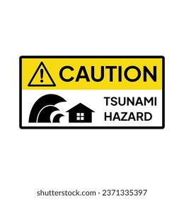 A yellow caution sign with the words "tsunami hazard" and a silhouette of a house and tsunami wave on a white background