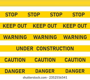 Cinta de precaución amarilla con banda de peligro, priorizando la seguridad: zona de construcción, señales de advertencia, presencia policial, cintas vectoriales, mantener fuera.