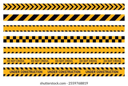 Yellow caution warning barrier tape sign for web site road warning working under construction security attention black text on transparent background