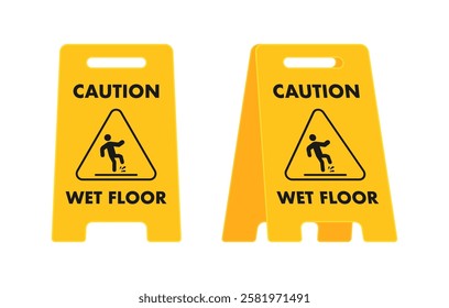 Yellow caution wet floor warning signs preventing slipping accident