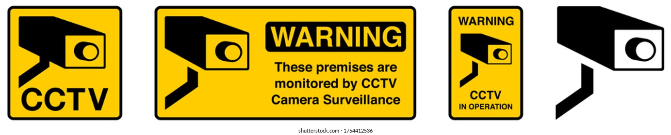 Yellow CCTV in operation sign, simple black surveillance camera drawing with text below