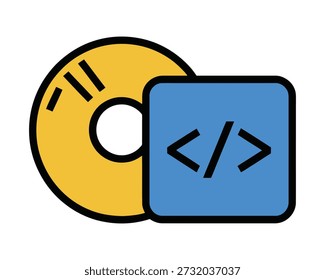 A yellow CD or DVD disc is shown next to a blue square with angle brackets and a forward slash, representing code or programming.
