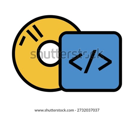 A yellow CD or DVD disc is shown next to a blue square with angle brackets and a forward slash, representing code or programming.