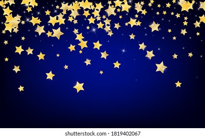 Yellow Celebration Stars Vector Blue Background. Elegant Sparkle Pattern. Universe Design. Gold Galaxy Shine Wallpaper.