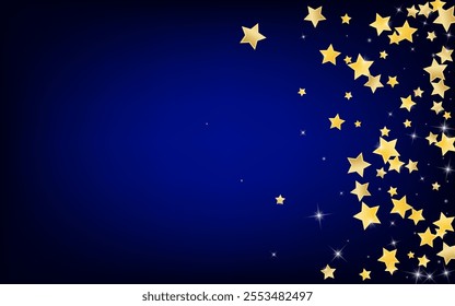 Yellow Celebration Stars Vector Blue Background. Graphic Starry Texture. Confetti Banner. Gold Falling Universe Border.