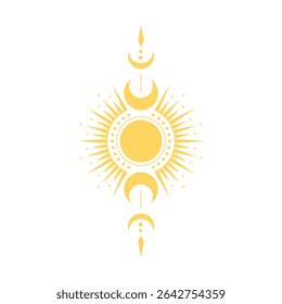 Yellow celestial mandala design with sun, moon phases, rays and dots, in symmetrical abstract illustration. Astrology, tarot, occult theme. Vector border. Tattoo or sticker. Flat style.