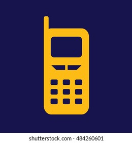 Yellow cellphone icon vector illustration. Blue background