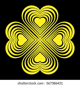 Yellow Celtic heart knot - stylized symbol. Made of hearts. Four-leaf clover. Isolated design element. Black background. Vector illustration.