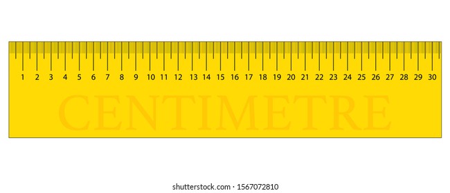 Yellow Centimetre, Centimeter and Inches Original Ruler. Measuring tool, Graduation grid, flat vector illustration. Size indicator units, Measure tape isolated on background.