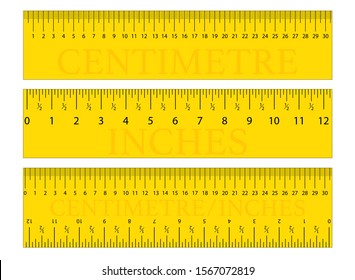 Yellow Centimetre, Centimeter and Inches Original Ruler. Measuring tool, Graduation grid, flat vector illustration. Size indicator units, Measure tape isolated on background.