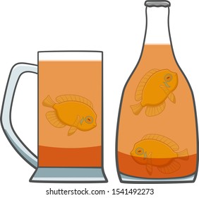 Yellow Centropyge fishes inside of bottle and mug of beer. White background, vector.