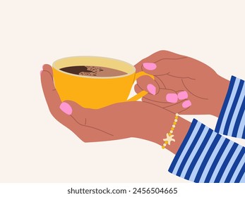 Yellow ceramic cup of coffee in female hands. Morning hot drink. Coffee break. Hand drawn vector illustration isolated on white background. Modern flat cartoon style.