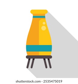 Yellow ceramic vase with blue stripes standing on a wooden tripod, isolated on white background with long shadow