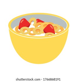 Yellow cereal ring with strawberry and milk for breakfast.