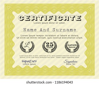 Yellow Certificate of achievement. Artistry design. With linear background. Detailed. 
