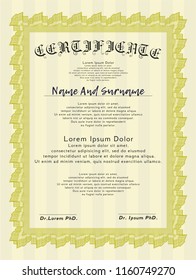 Yellow Certificate of achievement. With complex background. Vector illustration. Lovely design. 