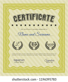 Yellow Certificate of achievement. With complex background. Cordial design. Vector illustration. 