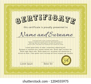 Yellow Certificate of achievement. Complex background. Perfect design. Detailed. 