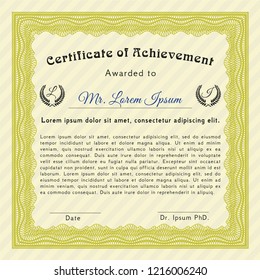 Yellow Certificate of achievement. With complex background. Customizable, Easy to edit and change colors. Modern design. 
