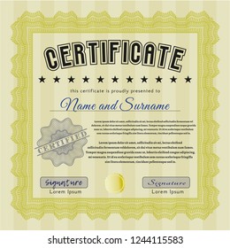 Yellow Certificate of achievement. With complex background. Vector illustration. Money Pattern. 