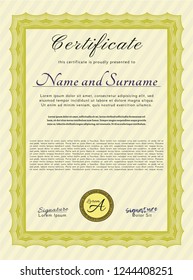 Yellow Certificate of achievement. With complex background. Vector illustration. Superior design. 