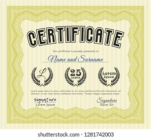 Yellow Certificate of achievement. With complex background. Lovely design. Detailed. 