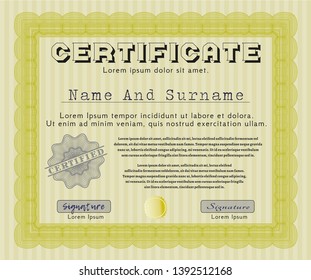 Yellow Certificate of achievement. With complex background. Vector illustration. Artistry design. 