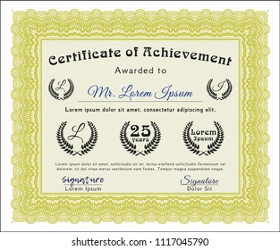 Yellow Certificate of achievement. With complex linear background. Vector illustration. Lovely design. 