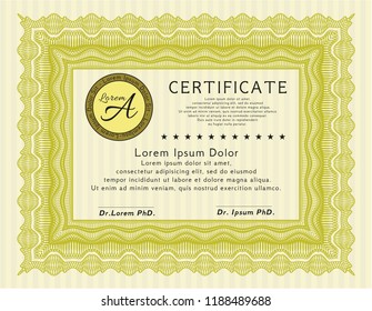Yellow Certificate of achievement. With complex linear background. Detailed. Superior design. 