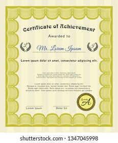 Yellow Certificate of achievement. With complex linear background. Sophisticated design. Vector illustration. 