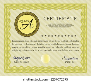 Yellow Certificate of achievement. Cordial design. Complex background. Vector illustration. 